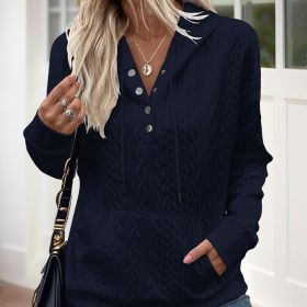 Women's V-Neck Solid Textured Long Sleeve Hoodie With Button Front & Kangaroo Pocket - Drawstring Hood Casual Pullover (Option: Black-XL)