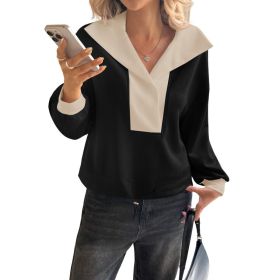 Fisoew Womens Cropped Oversized Sweatshirt Casual Lapel V Neck Long Sleeve Contrast Drawstring Loose Fit Fall Pullover Tops (Option: Black-XXL)
