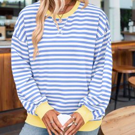 Women's Casual Crewneck Striped Long Sleeve Sweatshirt - Comfortable Loose Fit Ribbed Knit Top For Spring&Fall (Option: Sky blue-S)