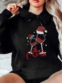 Women's Cozy Cotton Hoodie With Festive Wine Glass Print - Casual Pullover Sweatshirt, Perfect For All Seasons (Option: Black-L)
