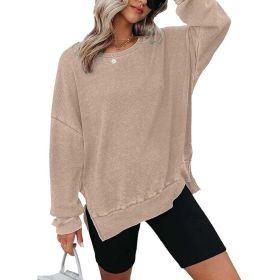 Womens Waffle Knit Crewneck Sweatshirts Long Sleeve Side Slits Casual Pullover Sweatshirt Tops (Option: Khaki-S)