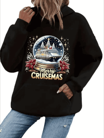 Women'S Casual Hooded Sweatshirt With Christmas Cruise Snow Globe Print, Long Sleeve With Kangaroo Pocket For All Seasons (Option: Black-L)
