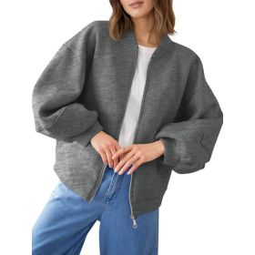 Fisoew Womens Zip Up Sweatshirt Casual Bomber Jacket Lantern Sleeve Oversized Jacket Fall Outfits 2025 (Option: Dark Grey-XL)