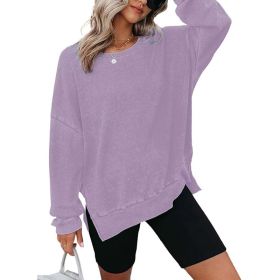 Womens Waffle Knit Crewneck Sweatshirts Long Sleeve Side Slits Casual Pullover Sweatshirt Tops (Option: Purple-S)