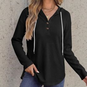Womens V-neck Hooded Loose-fit Waffle-knit Hoodie (Option: Black-S)