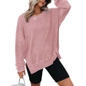 Womens Waffle Knit Crewneck Sweatshirts Long Sleeve Side Slits Casual Pullover Sweatshirt Tops (Option: Pink-S)