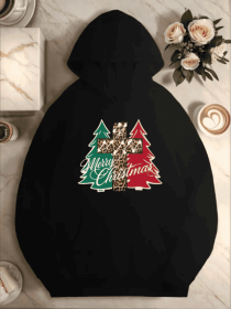 Women'S Plus Size Casual Hoodie With Leopard Print Christmas Tree - Geometric Pattern,Fall Winter Hooded Sweatshirt With Pocket (Option: Black-XL)