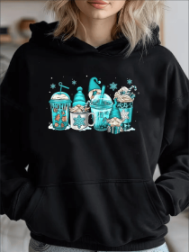 Gnomes Christmas Coffee Cups Latte Drink Outfit Christmas Cozy Classic Print Pullover Hoodie, Casual Long Sleeve Hoodie For Sprots (Option: Black-XL)
