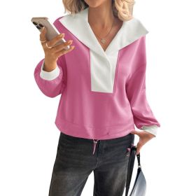 Fisoew Womens Cropped Oversized Sweatshirt Casual Lapel V Neck Long Sleeve Contrast Drawstring Loose Fit Fall Pullover Tops (Option: Pink-XXL)