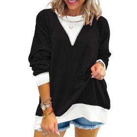 Women's Color Block Pullover - Casual Crewneck Long Sleeve Sweatshirt, Cute Loose Fit Top (Option: Black-S)