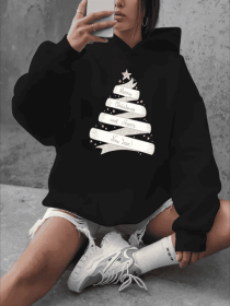 Plus Size Christmas Print Hoodie, Casual Kangaroo Pocket Long Sleeve Hooded Sweatshirt, Women's Plus Size Clothing (Option: Black-M)