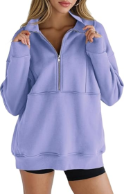 Women's Half Zip Sweatshirts Fleece Stand Collar Long Sleeve Thumb Hole Oversized Pullovers With Pockets (Option: Purple-S)