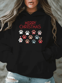 Women'S Plus Size Merry Christmas Hoodie - Casual  Pullover With Alphabet Pattern,  Oversized Hooded Sweatshirt With Pockets For Fall Winter (Option: Black-M)