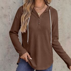 Womens V-neck Hooded Loose-fit Waffle-knit Hoodie (Option: Coffee-S)