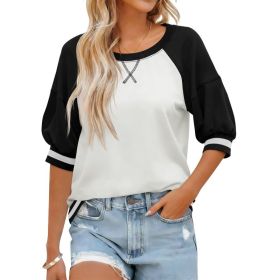 Fisoew Womens Crewneck Sweatshirt Ribbed Raglan Half Sleeve Pullover Tops Color Block Loose Fit Sweatshirts (Option: Black-M)