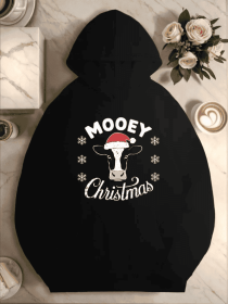 Plus Size Casual Hooded Sweatshirts For Women, Geometric Moose Christmas Pattern, With Pocket, For Fall Winter (Option: Black-L)