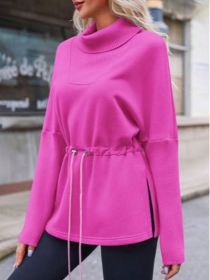Fisoew Women's Turtleneck Sweatshirts Fleece Drawstring Waist Casual Long Sleeve Pullover Sweater Side Slit Tunic Tops (Option: Pink-L)