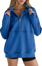 Women's Half Zip Sweatshirts Fleece Stand Collar Long Sleeve Thumb Hole Oversized Pullovers With Pockets (Option: Blue-S)