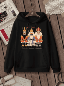 Women'S Fashion Christmas Nutcracker King And Knight Print Hoodies Long Sleeve Hood Sweatshirt Loose Fit Tops Fall Streetwear (Option: Black-L)
