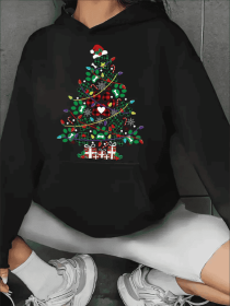 Women'S Christmas Tree Print Hoodie, Casual Sports Style With Kangaroo Pocket, All-Season Fashion Hooded Pullover Sweatshirt (Option: Black-M)