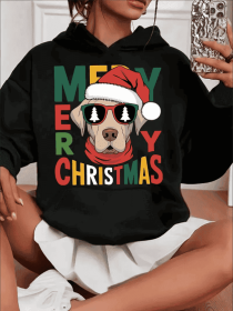 Women'S Casual Christmas Dog Graphic Hoodie,  Hooded Long Sleeve Sweatshirt,With Kangaroo Pocket, For All Seasons (Option: Black-L)
