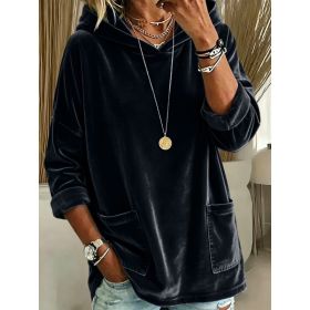 2026 New European & American Casual Solid Color Fleece Hoodie, Women Loose Long Sleeve Pullover Sweatshirt (Option: Heise-S)