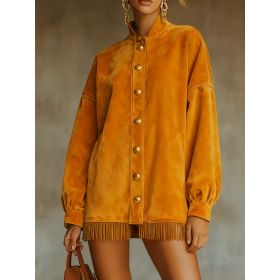 Velvet Fringed Hem Casual Stand-up Collar Button-down Loose Sweatshirt Dress (Option: Orange-2XL)