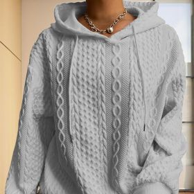 Women's Solid Color Ribbed Design Long Sleeve Hoodie - Loose Fit Drawstring Pullover For Fall & Winter Casual Wear (Option: Light gray-XL)