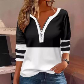 Women's V-collar Contrast Color Striped Loose Zip Long-sleeved T-shirt (Option: Black-S)
