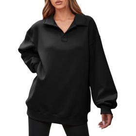 Fisoew Women Collared V Neck Sweatshirt Casual Oversized Long Sleeve Fashion Pullover Tops (Option: Black-XL)
