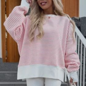 Women's Striped Sweatshirt Size Slit Long Sleeve Shirts For Women Crewneck Hoodies Casual Pullover Top (Option: Pink-XL)