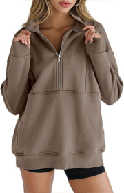 Women's Half Zip Sweatshirts Fleece Stand Collar Long Sleeve Thumb Hole Oversized Pullovers With Pockets (Option: Brown-S)