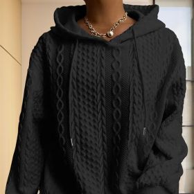 Women's Solid Color Ribbed Design Long Sleeve Hoodie - Loose Fit Drawstring Pullover For Fall & Winter Casual Wear (Option: Black-S)