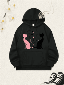 Women'S Christmas Cat Silhouette Print Hoodie, Casual Long Sleeve Pullover Hooded Collar, All-Season, Multi-Functional Hooded Sweatshirt With Poc (Option: Black-XL)