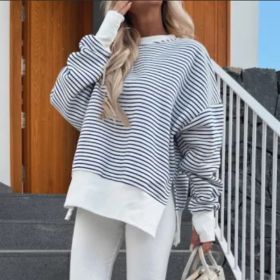 Women's Striped Sweatshirt Size Slit Long Sleeve Shirts For Women Crewneck Hoodies Casual Pullover Top (Option: Navy Blue-S)