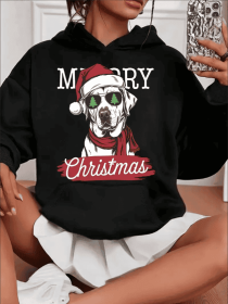 Women'S Casual Christmas Dog Print Hoodie With Kangaroo Pocket, Long Sleeve, Hooded Sweatshirt For All Seasons (Option: Black-2XL)