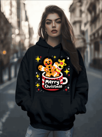 Women's Fashion Christmas Cute Cartoon Gingerbread Man Stars Coffee Mug Print Hoodies Long Sleeve Hood Sweatshirt Loose Fit Tops Fall Streetwear (Option: Black-L)