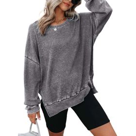 Womens Waffle Knit Crewneck Sweatshirts Long Sleeve Side Slits Casual Pullover Sweatshirt Tops (Option: Gray-M)
