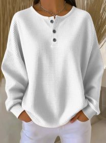 Ins Waffle Long-sleeved T-shirt Fashion Solid Color Buttons Round Neck Pullover Top Women's Clothing (Option: White-S)