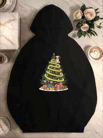 Plus Size Christmas Tree Active Hoodie For Women,  Casual Style, Geometric Pattern,With Pocket Detail, For Fall Winter Season Hooded Sweatshirt (Option: Black-M)