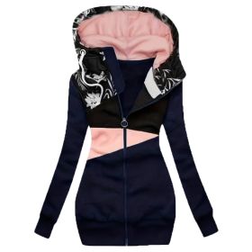 Plus Size Women's Color-Block Hooded Jacket, Full-Zip Long Sleeve Casual Blazer Coat For Winter Formal And Daily Wear (Option: Navy Blue-S)