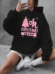 Women'S Plus Size Casual Hooded Sweatshirt With Christmas Tree Print, Oversized Pullover With Pockets, Alphabet Pattern For Fall Winter (Option: Black-M)