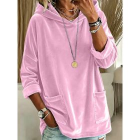 2026 New European & American Casual Solid Color Fleece Hoodie, Women Loose Long Sleeve Pullover Sweatshirt (Option: Fenhongse-S)