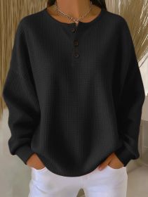 Ins Waffle Long-sleeved T-shirt Fashion Solid Color Buttons Round Neck Pullover Top Women's Clothing (Option: Black-M)
