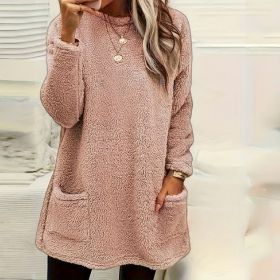 Women's Long Sleeved Pocket Plush Hoodie T-shirt (Option: Pink-XL)