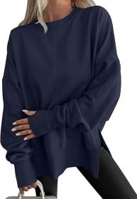Fashion Casual Round Neck Pullover Loose Sports Long-sleeved Sweater (Option: Navy Blue-2XL)