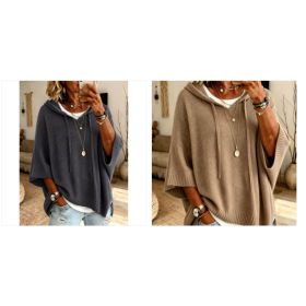 Womens Knitted New-Style Hooded Drawstring Sweater (Option: Khaki and Gray-5XL)
