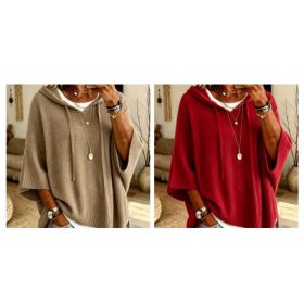 Womens Knitted New-Style Hooded Drawstring Sweater (Option: Red and Khaki-5XL)