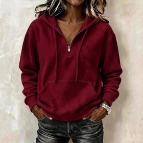 Womens Casual Long-sleeve Hooded Sweatshirt With Pockets And A Zipper (Option: Wine Red-3XL)