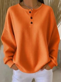 Ins Waffle Long-sleeved T-shirt Fashion Solid Color Buttons Round Neck Pullover Top Women's Clothing (Option: Orange-M)